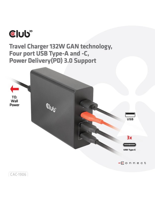 Kelioninis įkroviklis Club3D USB-C 132W GaN (CAC-1906)