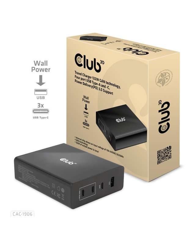 Kelioninis įkroviklis Club3D USB-C 132W GaN (CAC-1906)