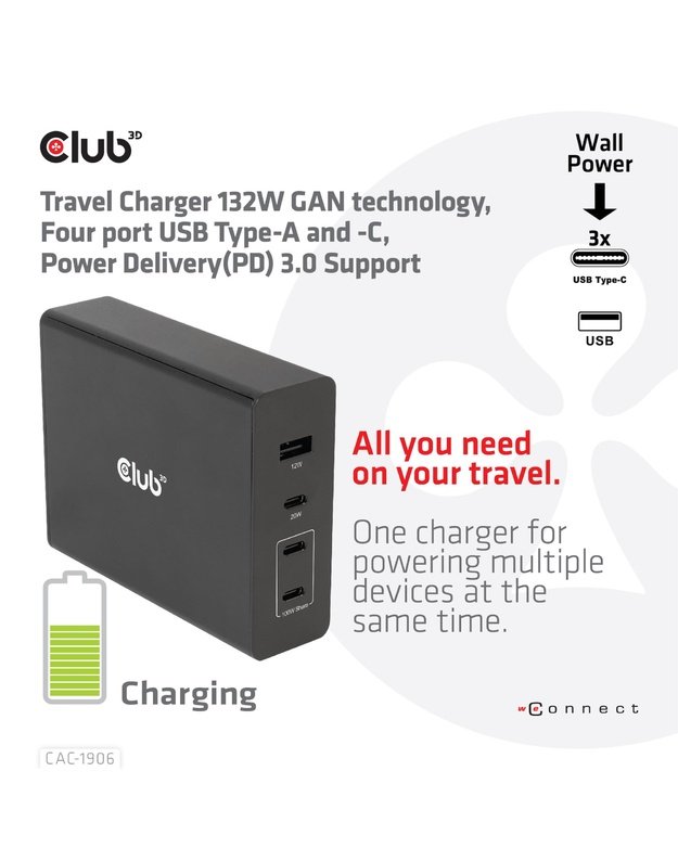 Kelioninis įkroviklis Club3D USB-C 132W GaN (CAC-1906)