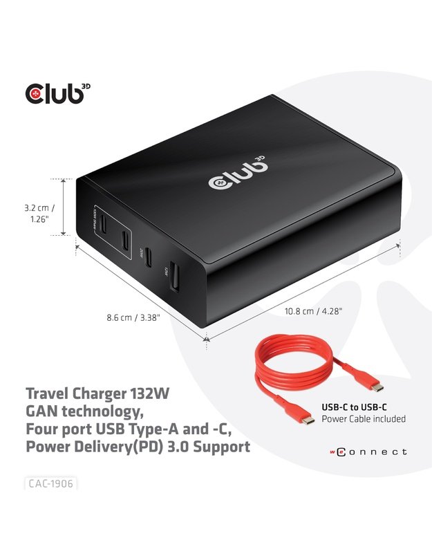 Kelioninis įkroviklis Club3D USB-C 132W GaN (CAC-1906)