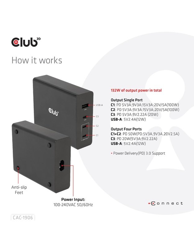 Kelioninis įkroviklis Club3D USB-C 132W GaN (CAC-1906)