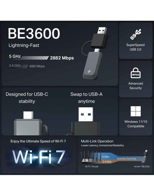 WRL ADAPTER 3600MBPS WI-FI 7/ARCHER TBE230U TP-LINK