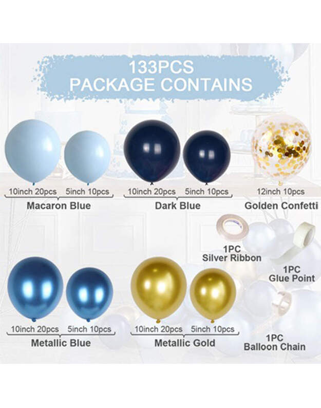 Macaron Blue Gold Theme balionų rinkinys (133 vnt) 1