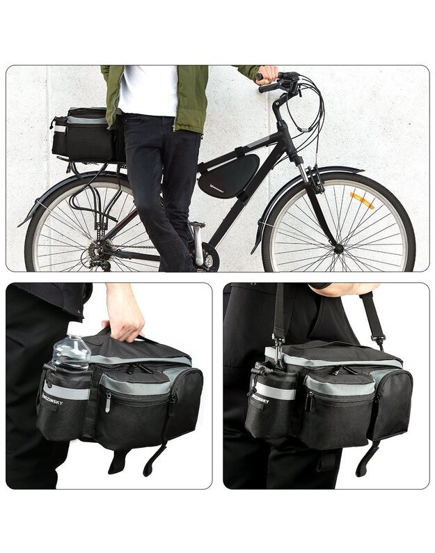 Dviračio galinės bagažinės krepšys su peties dirželiu ir butelio dėklu 6L, juodas 8