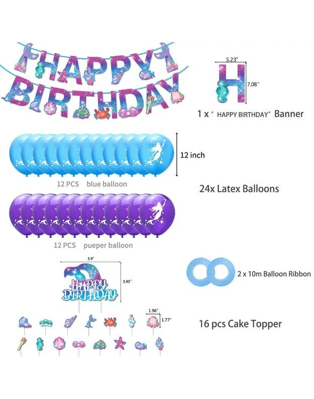 Undinėlės vakarėlio dekoravimo balionų rinkinys (39 vnt) 2