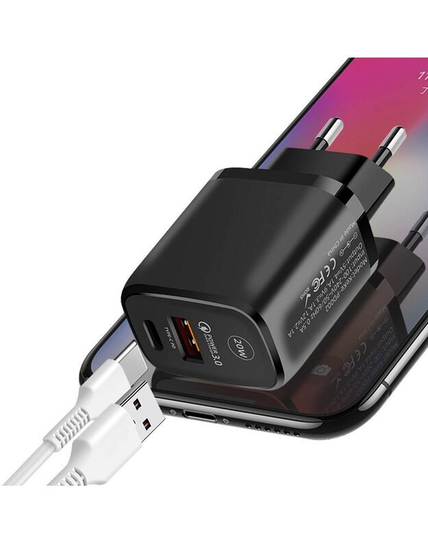 QC 3.0 USB C PD 20W sieninis kroviklis, juodas 2