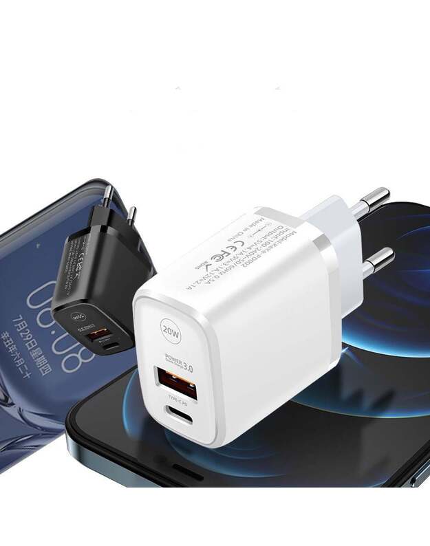 QC 3.0 USB C PD 20W sieninis kroviklis, juodas 3