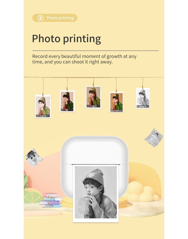 Nešiojamas vaikiškas terminis spausdintuvas Cat Mini Printer X7B, mėlynas + DOVANA (3 spalvoti rulonėliai)  4