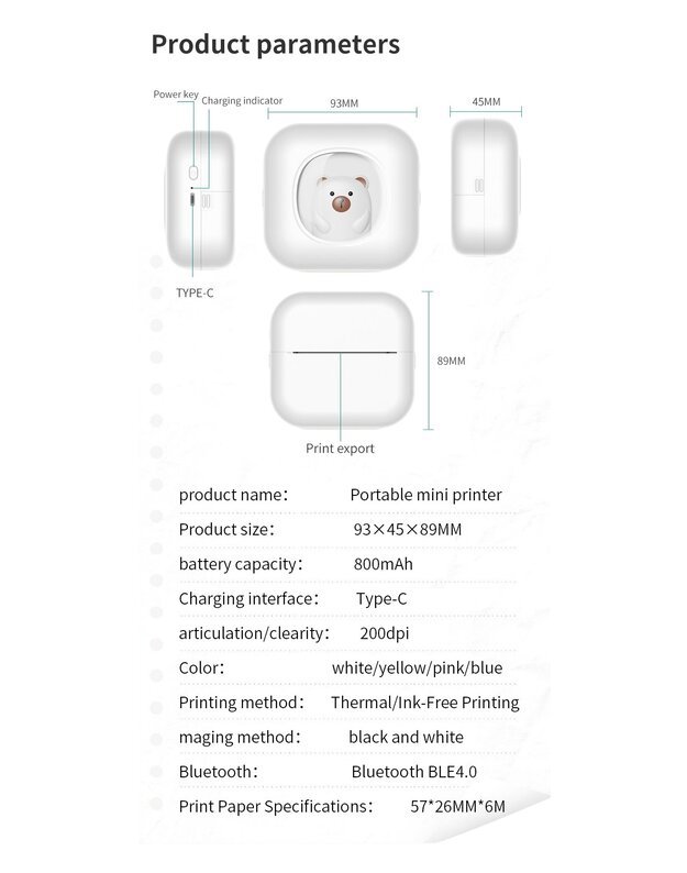 Nešiojamas vaikiškas terminis spausdintuvas Cat Mini Printer X7B, mėlynas + DOVANA (3 spalvoti rulonėliai)  12