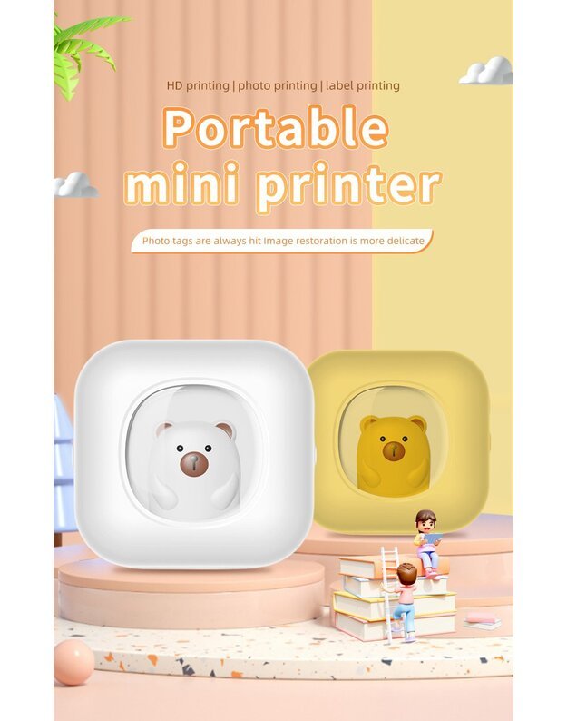 Nešiojamas vaikiškas terminis spausdintuvas Cat Mini Printer X7Y, geltonas + DOVANA (3 spalvoti rulonėliai)  1