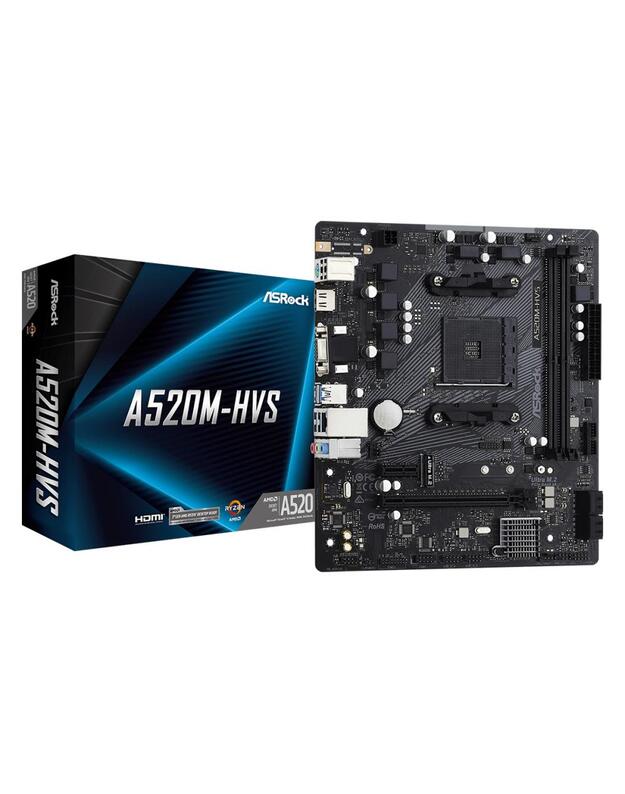 Mainboard|ASROCK|AMD A520|SAM4|MicroATX|1xPCI-Express 3.0 1x|1xPCI-Express 3.0 16x|1xM.2|Memory DDR4|Memory slots 2|1x15pin D-sub|1xHDMI|2xAudio-In|1xAudio-Out|2xUSB 2.0|4xUSB 3.2|1xPS/2|1xRJ45|A520M-HVS