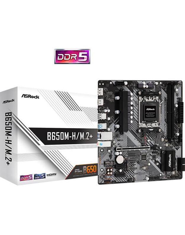 Mainboard|ASROCK|AMD B650|SAM5|Micro-ATX|Memory DDR5|Memory slots 2|1xPCI-E|2xPCI-Express 4.0 1x|1xPCI-Express 4.0 16x|1xM.2|1xHDMI|1xDisplayPort|1xAudio-In|1xAudio-Out|1xMicrophone|2xUSB 2.0|3xUSB 3.2|1xUSB-C|1xRJ45|B650M-H/M.2+