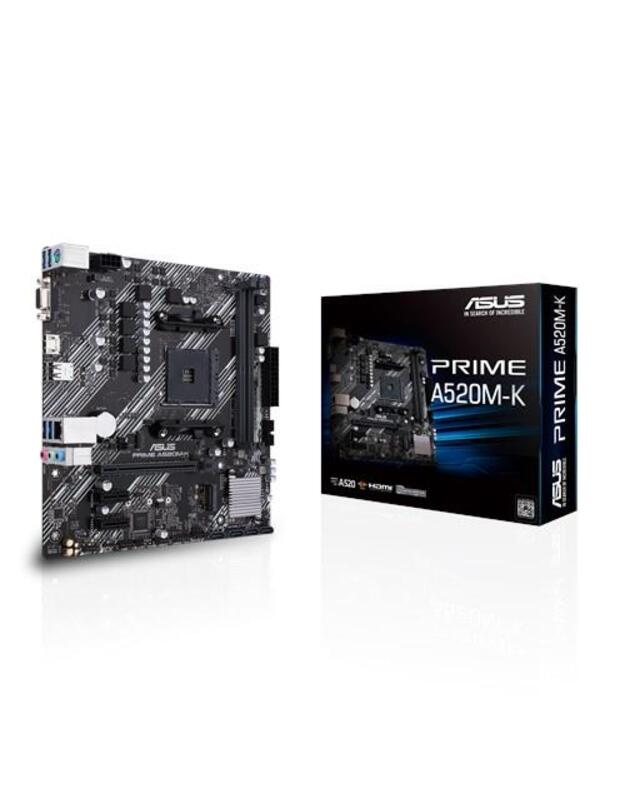 Mainboard|ASUS|AMD A520|SAM4|MicroATX|2xPCI-Express 3.0 1x|1xPCI-Express 3.0 16x|1xM.2|Memory DDR4|Memory slots 2|1x15pin D-sub|1xHDMI|2xUSB 2.0|4xUSB 3.2 type B|1xPS/2|3xStereo jack 3.5mm|1xRJ45|PRIMEA520M-K