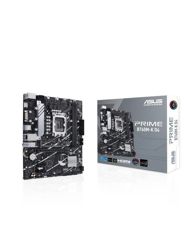 Mainboard|ASUS|Intel B760 Express|LGA1700|Micro-ATX|Memory DDR4|Memory slots 2|2xPCI-Express 4.0 1x|1xPCI-Express 4.0 16x|2xM.2|1x15pin D-sub|1xHDMI|2xUSB 2.0|4xUSB 3.2|1xPS/2|1xRJ45|3xAudio port|PRIMEB760M-KD4