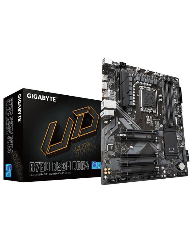 Mainboard|GIGABYTE|Intel B760 Express|LGA1700|ATX|Memory DDR4|Memory slots 4|4xPCI-Express 3.0 1x|1xPCI-Express 4.0 16x|2xM.2|1xHDMI|1xDisplayPort|4xUSB 2.0|1xUSB 3.2|1xUSB-C|1xPS/2|1xRJ45|3xAudio port|B760DS3HDDR4