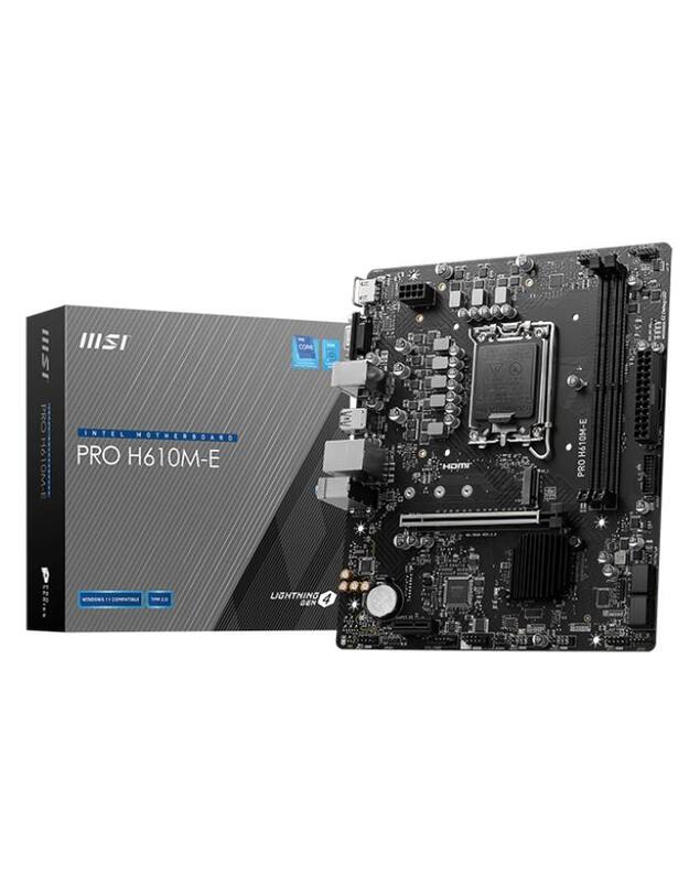 Mainboard|MSI|Intel H610|LGA1700|Micro-ATX|Memory DDR5|Memory slots 2|1xPCI-Express 1x|1xPCI-Express 16x|1xM.2|1x15pin D-sub|1xHDMI|4xUSB 2.0|2xUSB 3.2|1xPS/2|1xRJ45|3xAudio port|PROH610M-E