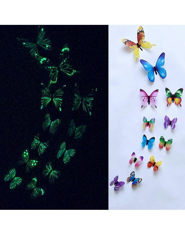 3D MIX šviečiančių fluorescentinių drugelių rinkinys, 12 vnt 1