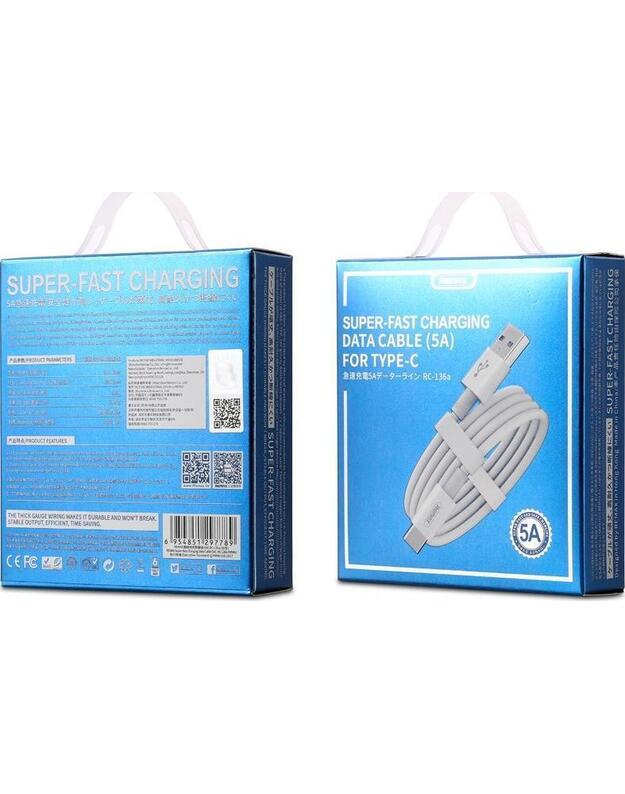 USB Type-C 5A laidas Remax FastCharging, baltas 1.0m 3